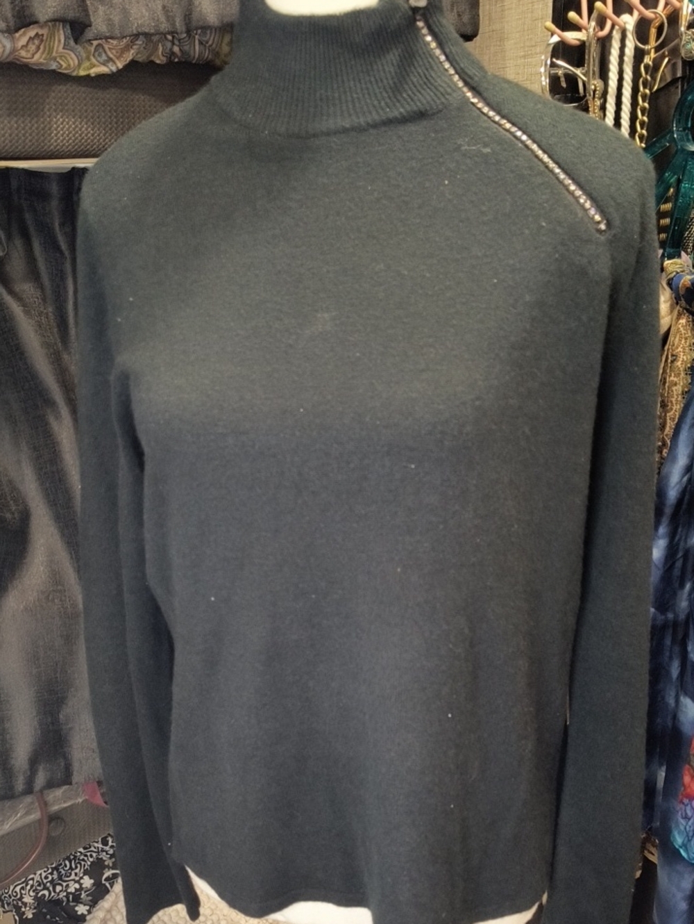 Mercer Street Studio Women's Black Mock Turtleneck Sweater with Zip Bling Detail